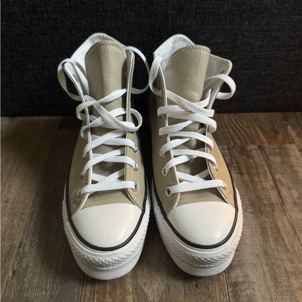Beige and White High-Top Converse Platform